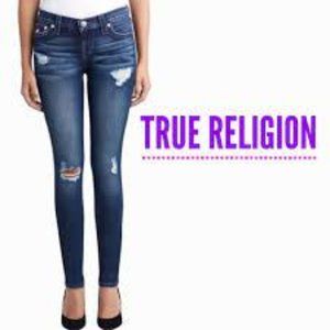 TRUE RELIGION | WOMENS DISTRESSED NEON STITCH SKINNY JEAN W/ FLAP 28